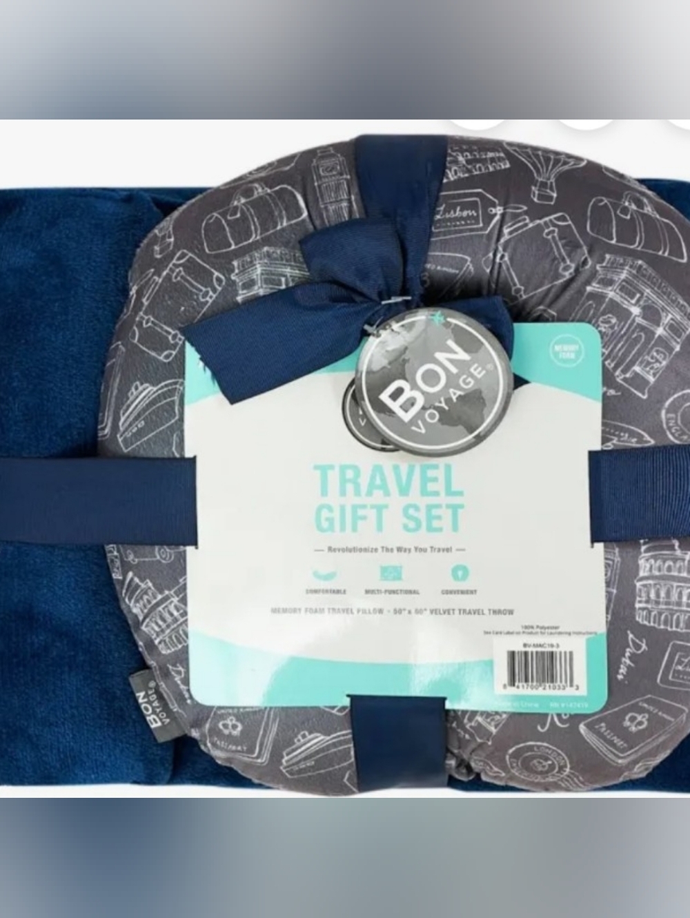 Bon Voyage Navy and Gray Travel Gift Set - Neck Pillow & Throw